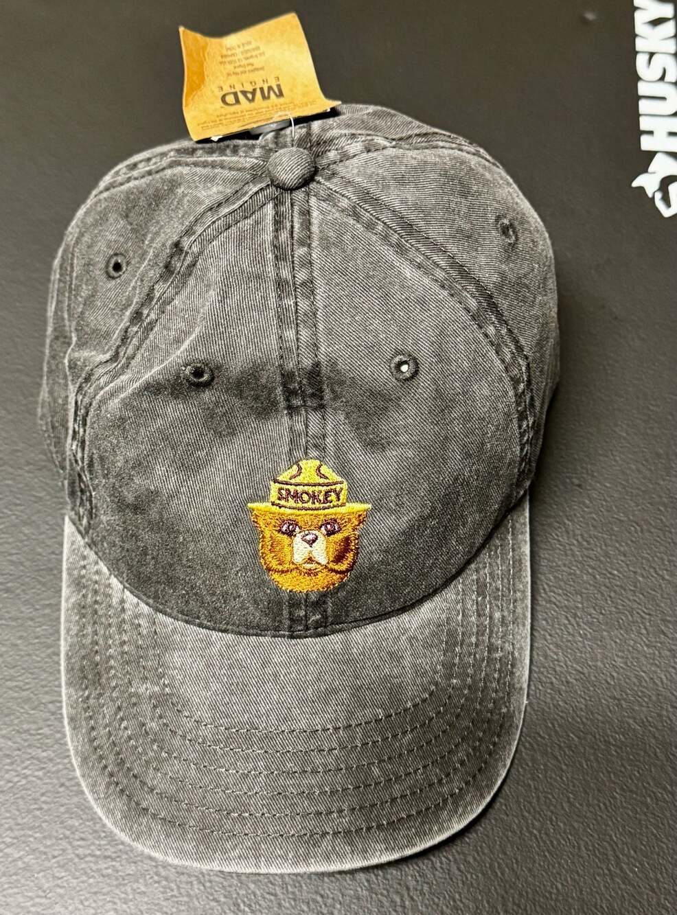 H10 Smokey Bear Mad Engine Washed Black Embroidered Baseball Cap, NWT